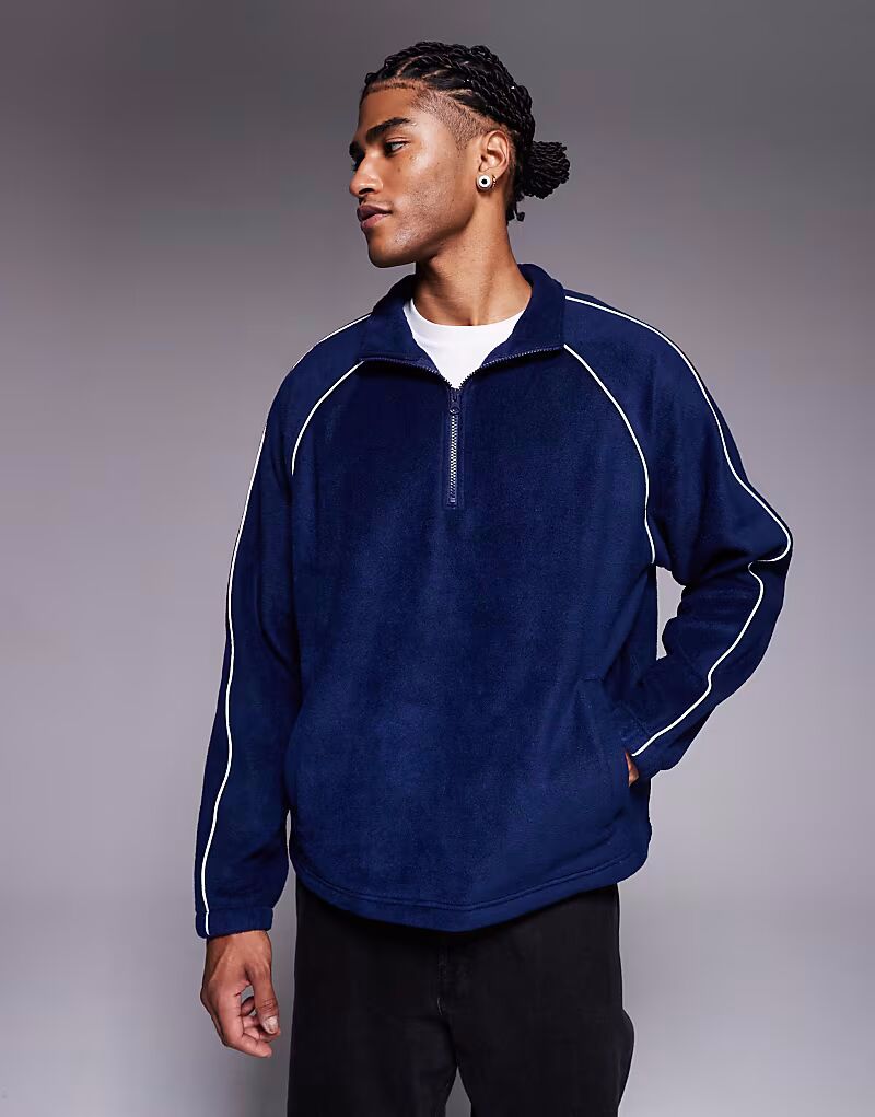 

Флисовая толстовка свободного кроя с воротником-стойкой и кантом синего цвета Asos Design, Синий, Флисовая толстовка свободного кроя с воротником-стойкой и кантом синего цвета Asos Design