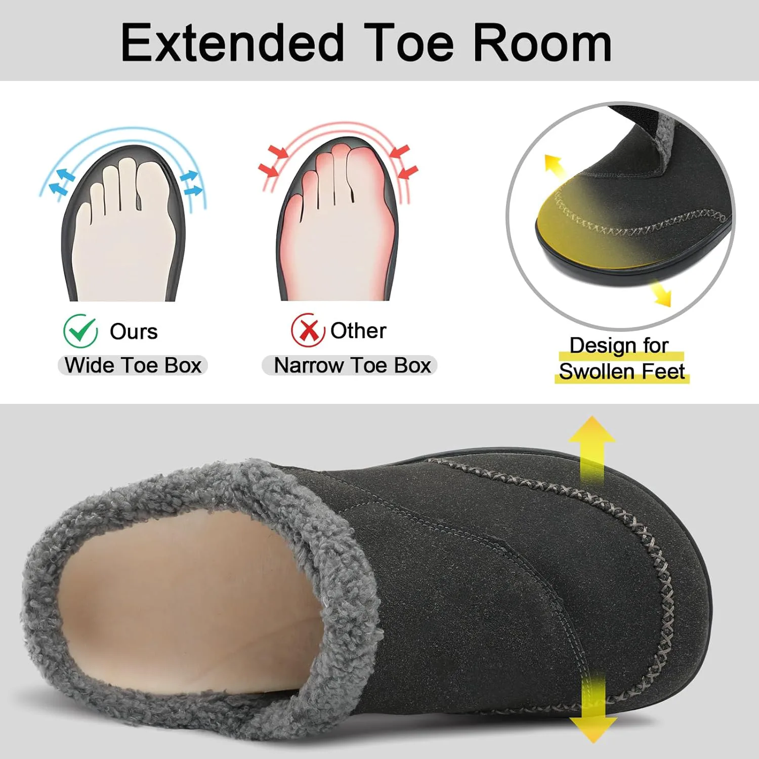 Мужские тапочки relxfeet широкие, регулируемые, ортопедические для диабетиков, с поддержкой свода стопы, для дома и улицы, с удобной посадкой, теплые сабо для распухших ног и облегчения при подошвенном фасциите, серый — фото 3
