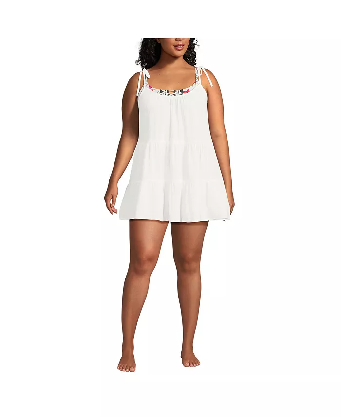 

Платье-мини из хлопкового газа больших размеров с ярусами Lands' End, белый