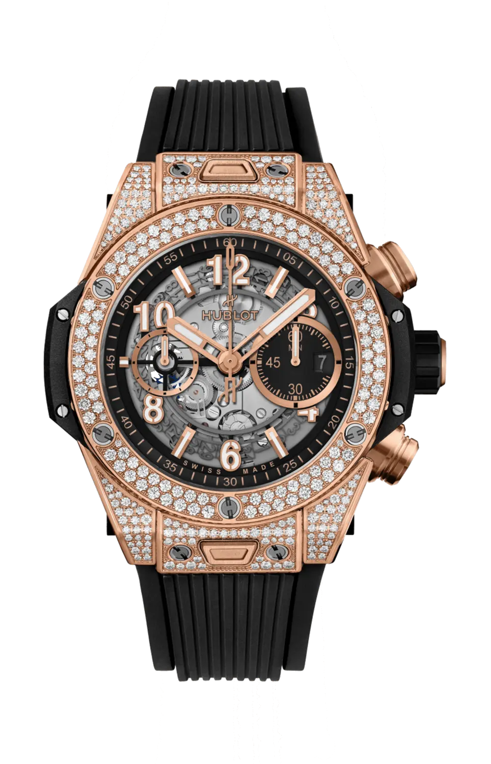 

Часы Hublot Unico king gold pave из розового золота с бриллиантами 45 мм