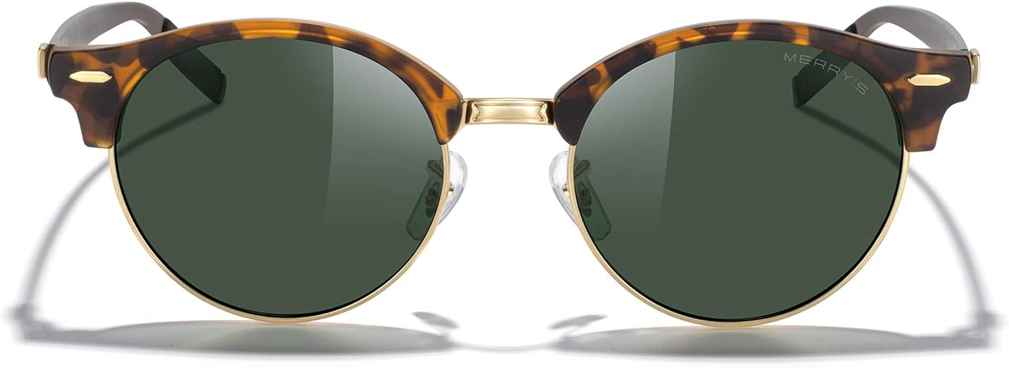 

Круглые поляризованные солнцезащитные очки MERRY для женщин и мужчин, классический ретро-стиль, полуободковая оправа, алюминиевые дужки MERRY'S, Matte Leopard Frame/Gold Bridge/G15 Lens