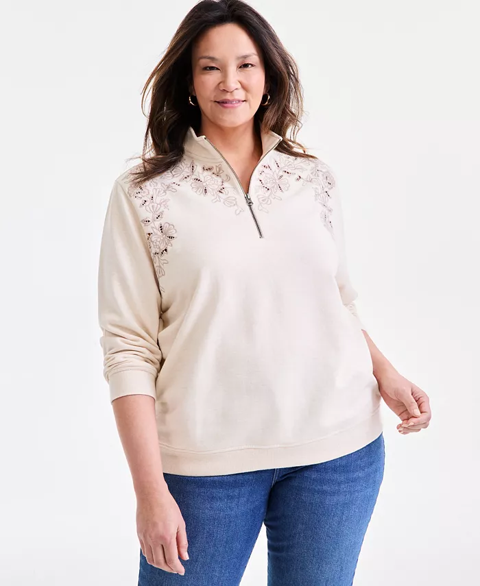 

Свитшот с вышивкой и молнией до середины Plus Size Style & Co, коричневый/бежевый