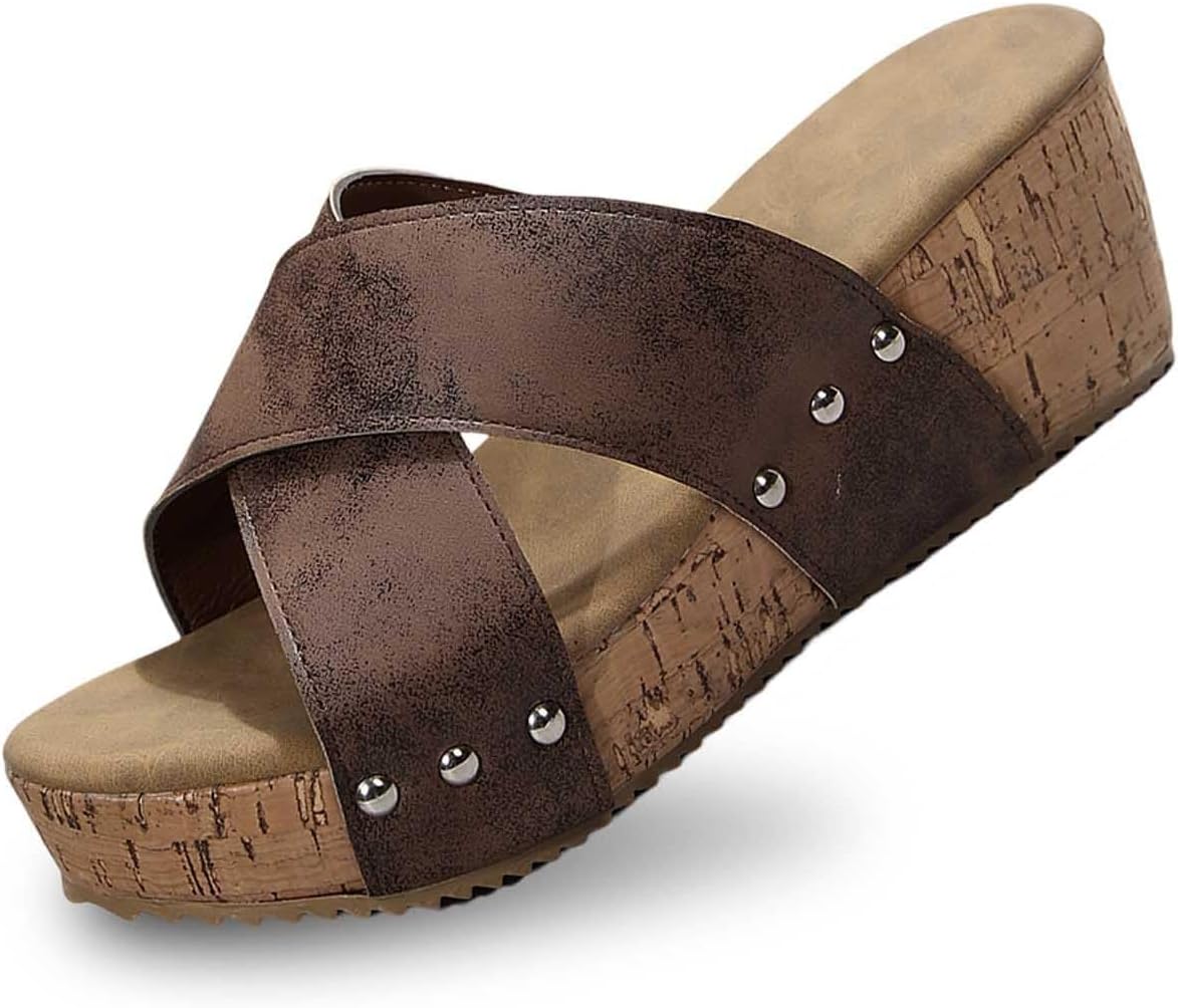 

Женские платформенные сандалии на танкетке с перекрестными ремешками, поддержкой свода стопы, удобные шлепанцы с открытым носком, пробковые повседневные сандалии, легкая обувь для прогулок, летняя повседневная обувь Zwrxw, коричневый