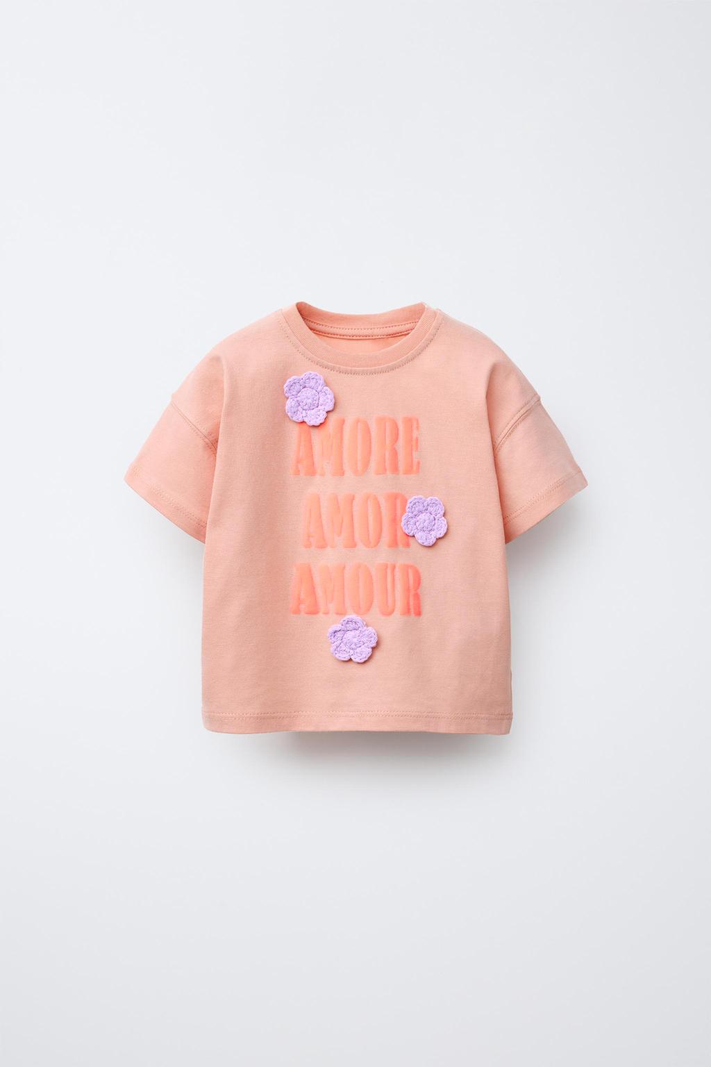 

Футболка со слоганом с цветочной аппликацией ZARA, цвет Light pink