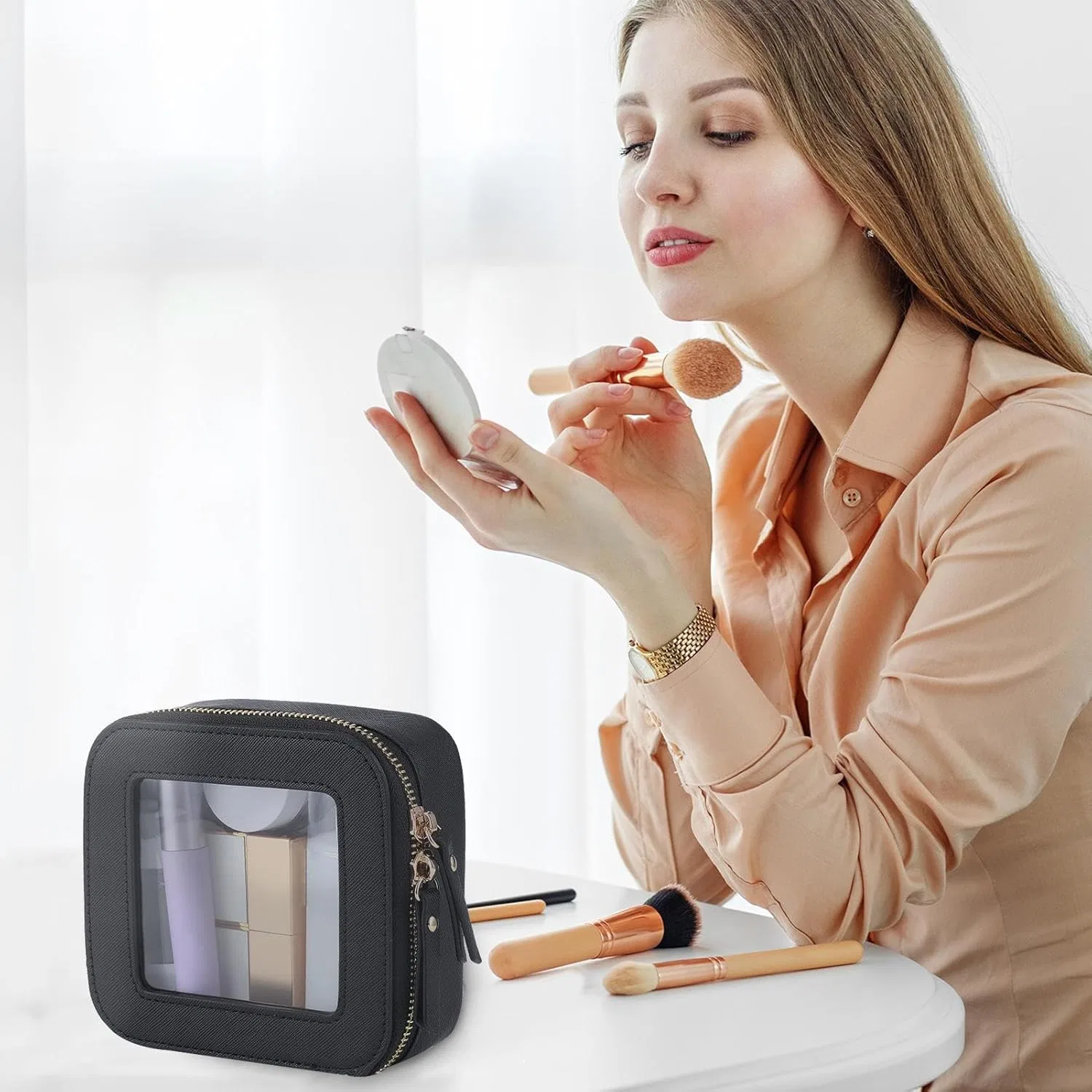 Компактная косметичка на молнии из искусственной кожи для путешествий и работы, черная Generisch, Black — фото 2