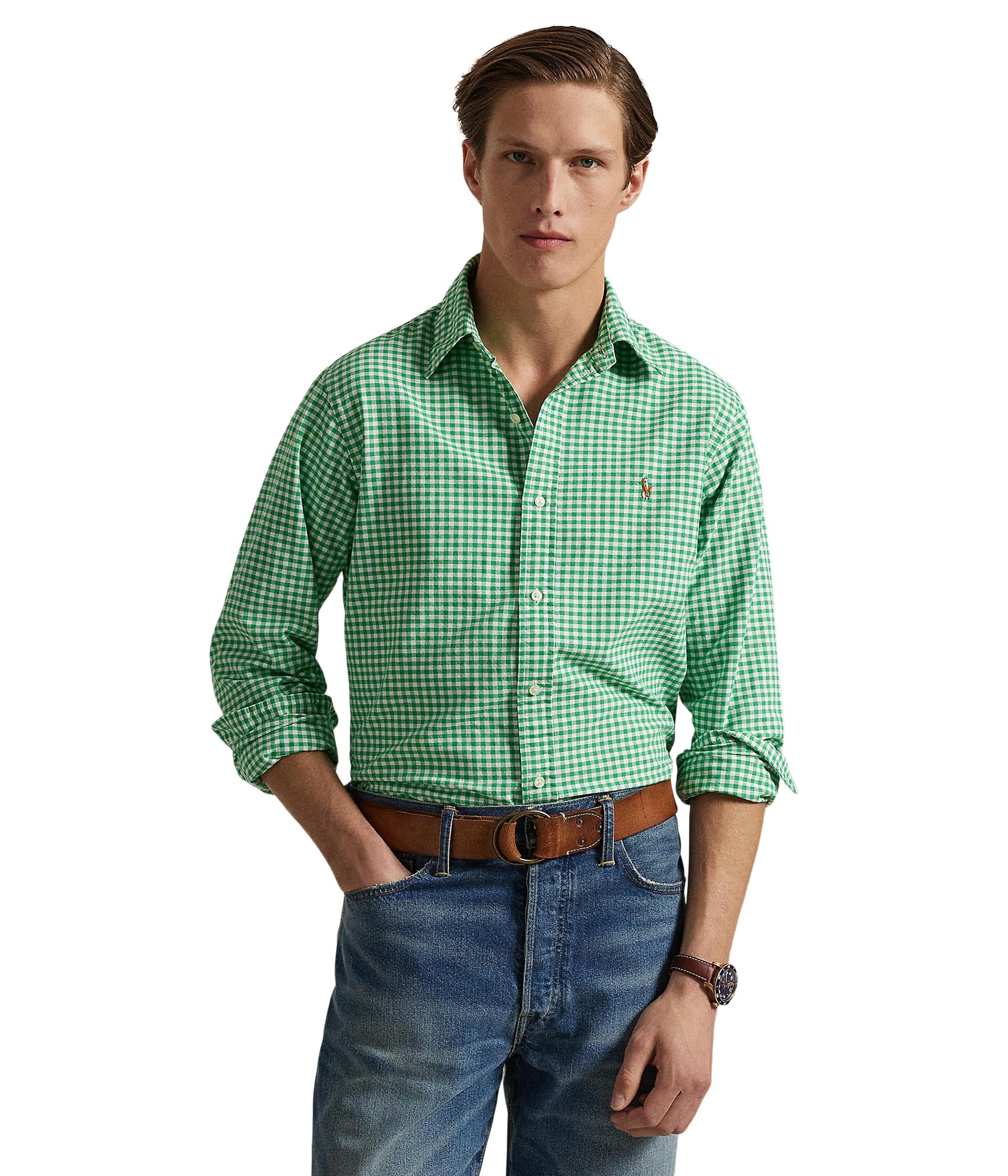

Поло Polo Ralph Lauren Classic Fit Gingham Oxford Shirt, цвет 4338H Summer Emerald/White