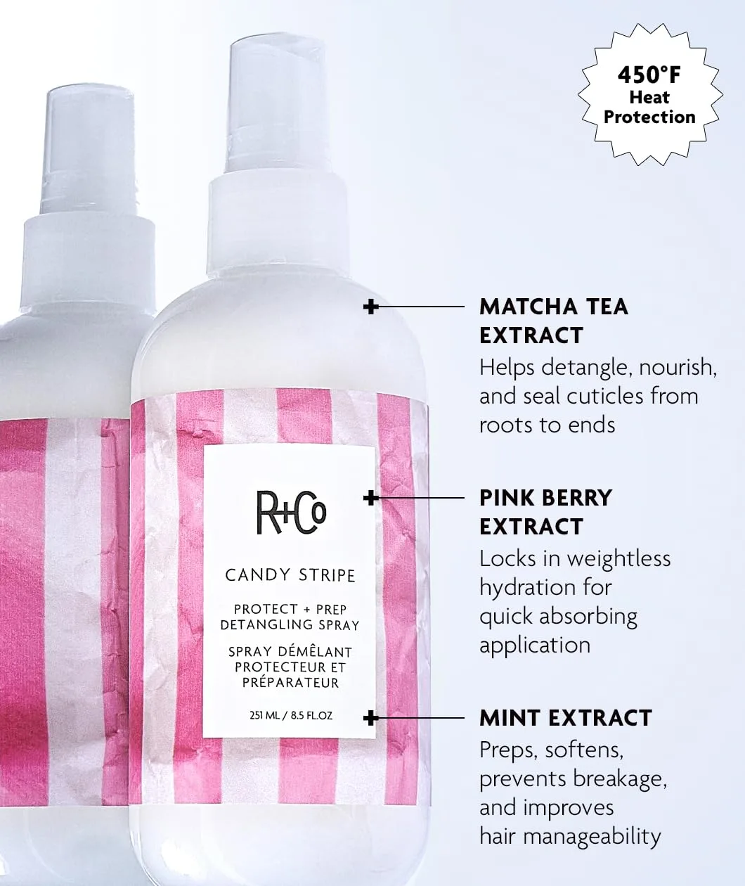 Спрей для распутывания волос R+Co Candy Stripe Protect + Prep | Мгновенно распутывает, питает волосы, предотвращает ломкость | Веганский продукт, не тестируется на животных | 240 мл 251 мл (1 шт.), Pink — фото 2