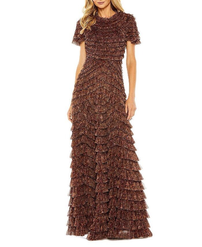 

Многоярусное платье с высоким воротником и оборками Mac Duggal, коричневый