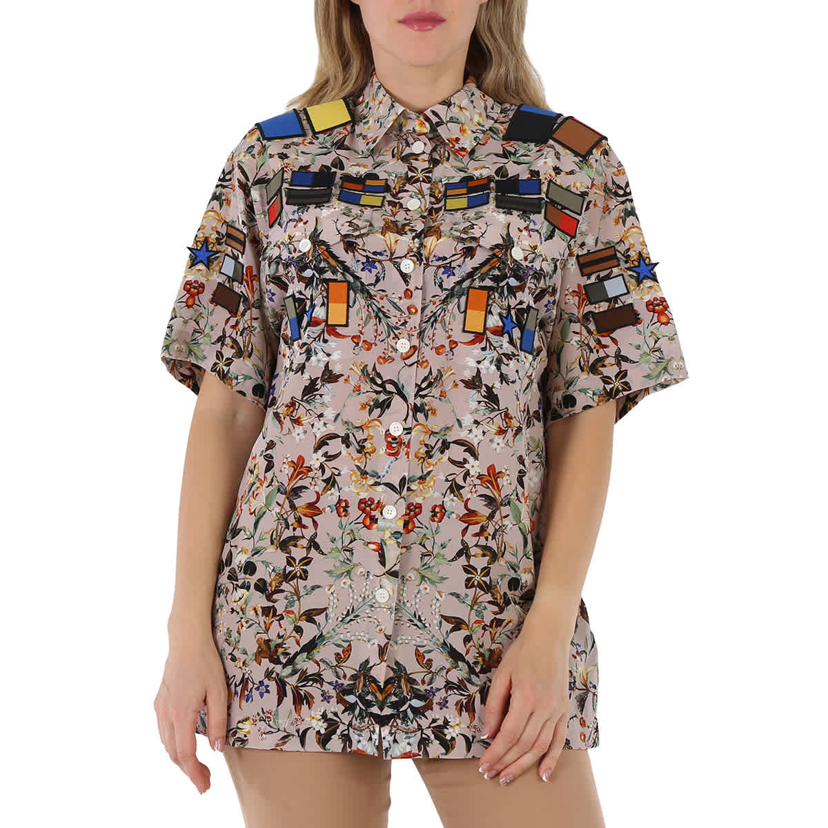 

Burberry Badge Appliques Iris Рубашка оверсайз из крепдешина с цветочным принтом, бежевый