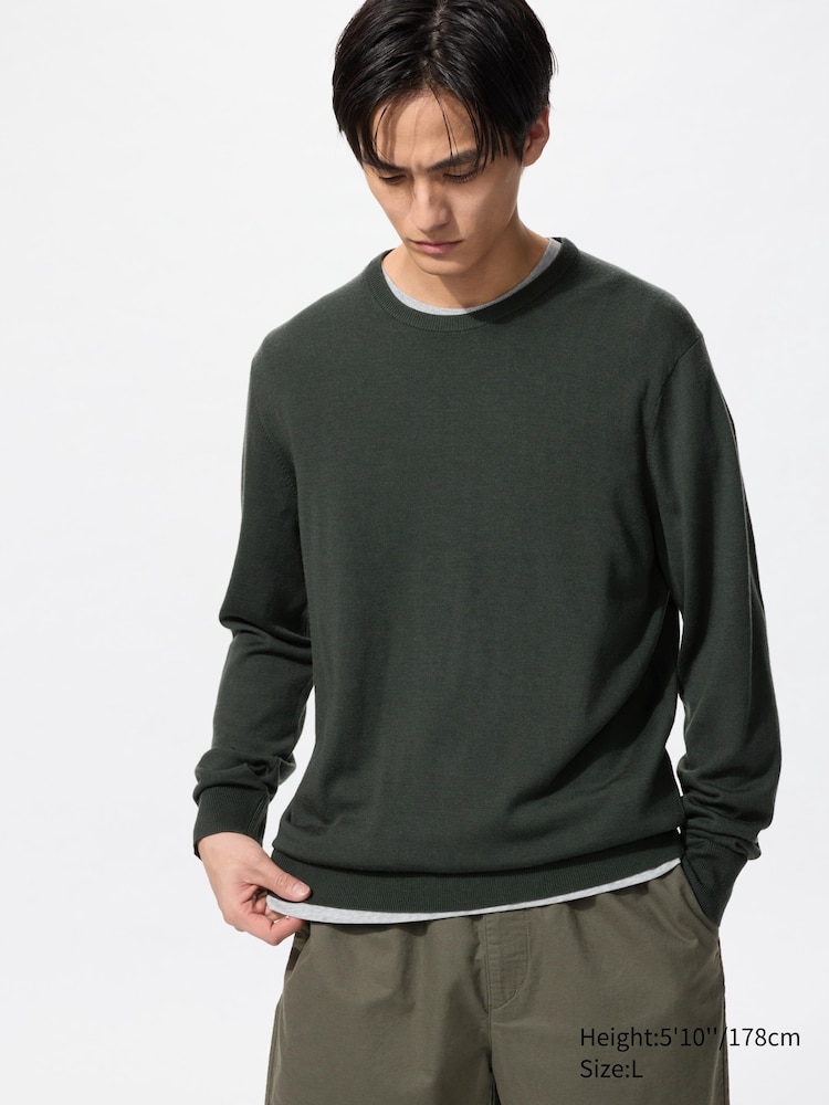 

Джемпер с круглым вырезом из 100% мериносовой шерсти Uniqlo, цвет 57 зеленый зеленый