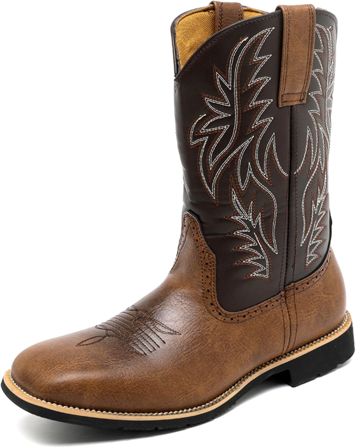 

Мужские классические ковбойские сапоги Abborora с вышитым квадратным носком, средние по голени, для работы и повседневной носки, коричневый