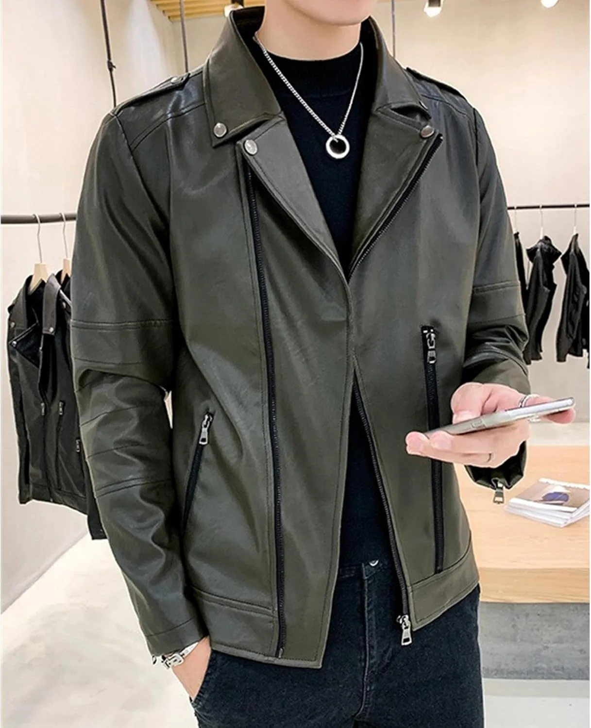 Мужская куртка-бомбер в стиле панк-байкер с двойным поясом, Slim Fit, из искусственной кожи для мотоциклистов Generic, зеленый — фото 2