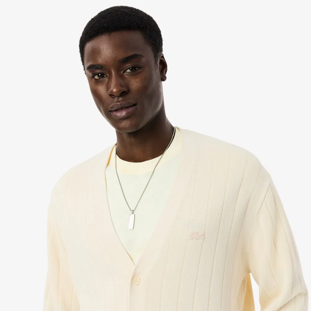 Мужской кардиган с V-образным вырезом Paris Pack Ribbed Knit цвета айвори от Lacoste — фото 2