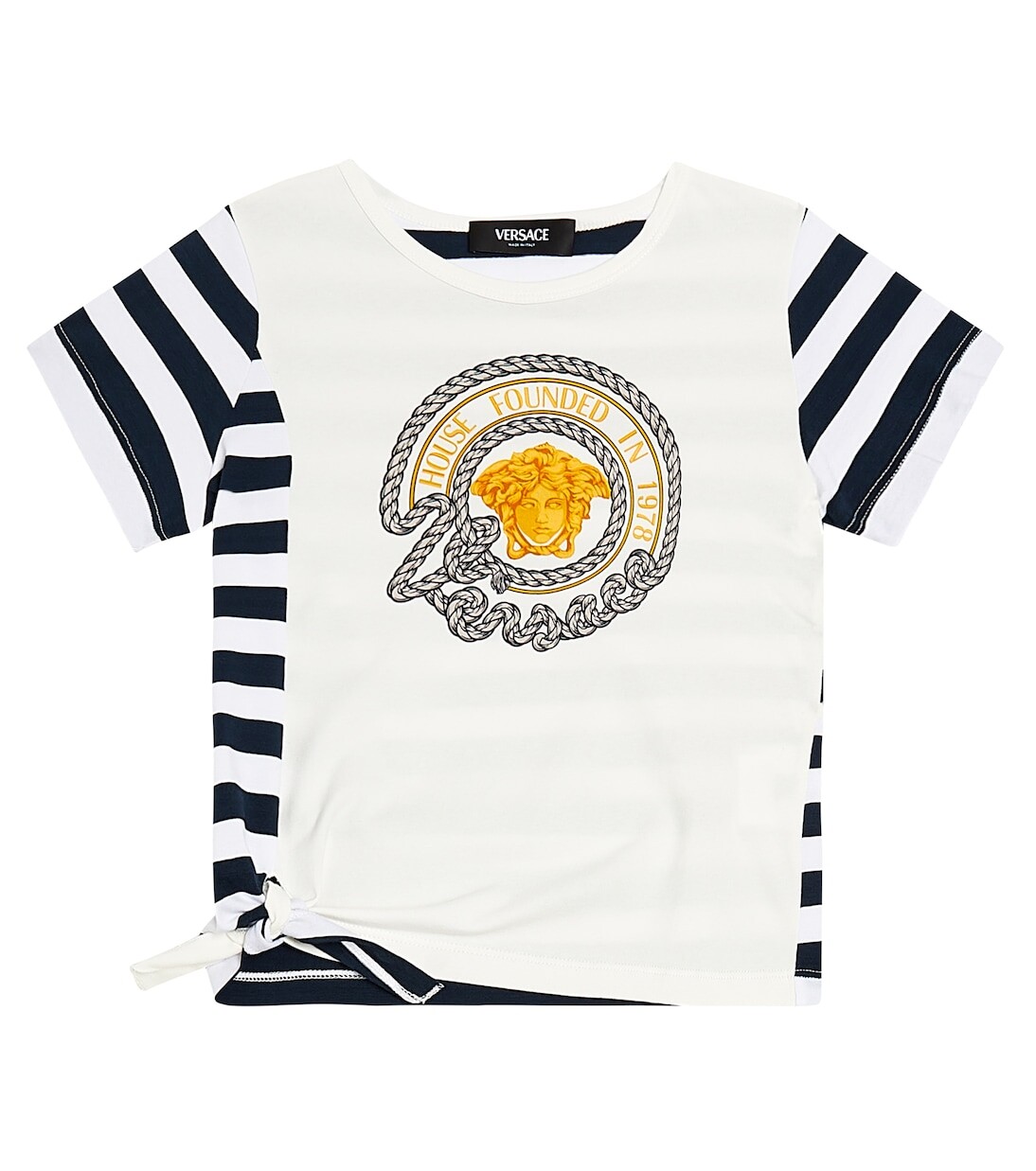 

Футболка из хлопкового джерси в полоску с принтом Versace Kids, мультиколор