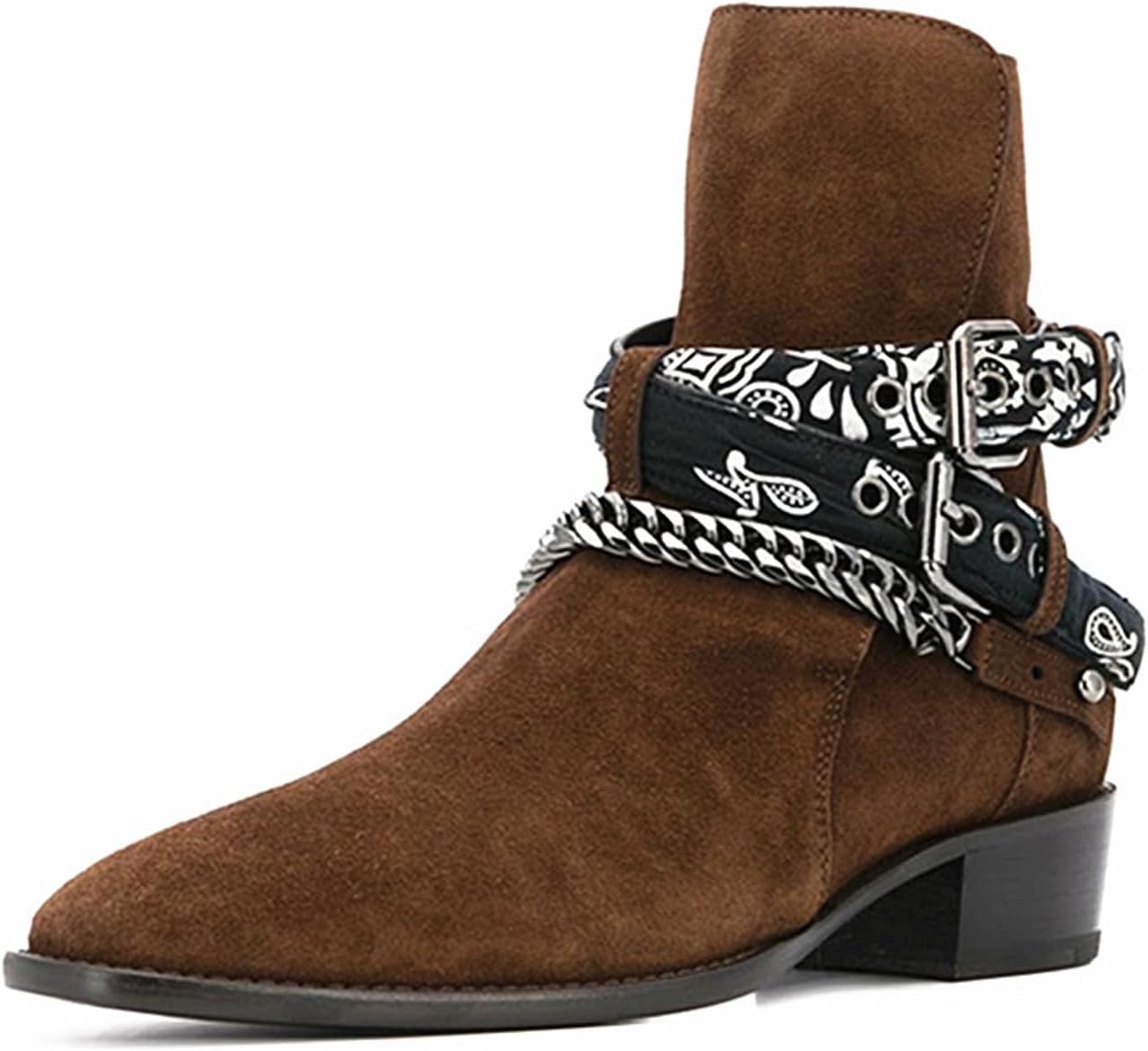 

Мужские ботинки Santimon Chelsea из кожи верхнего слоя с манжетой, ремешком с банданой и металлической цепочкой - стильные замшевые ботинки вестерн с боковой молнией для повседневной носки, вечеринок, концертов и повседневного стиля, коричневый