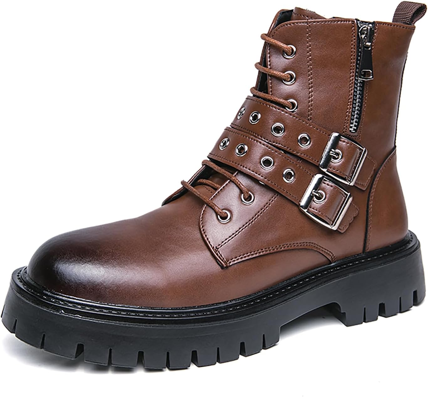 

Мужские кожаные ботинки-чукка на платформе с боковой молнией, модные ремешки с пряжками, противоскользящая подошва с рельефом, устойчивый каблук, шнуровка, боевые ботинки, панк, байкерские короткие ботинки для мотоцикла Loveheynew, коричневый