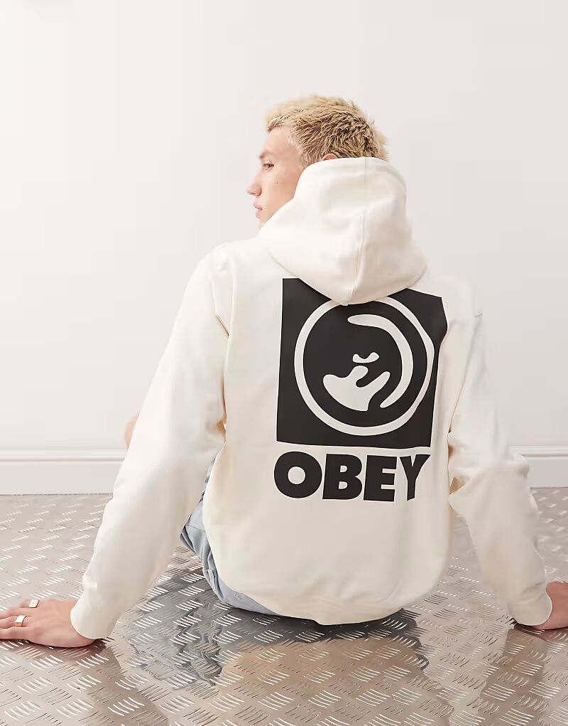 

Толстовка с капюшоном Obey с ярким графическим логотипом и принтом на спине в кремово-белом цвете