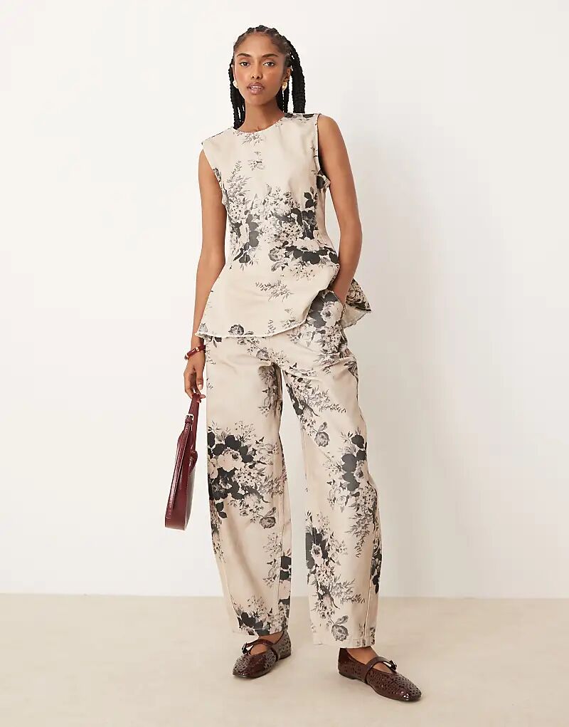 

Брюки-бочонки ASOS DESIGN с серо-коричневым цветочным принтом