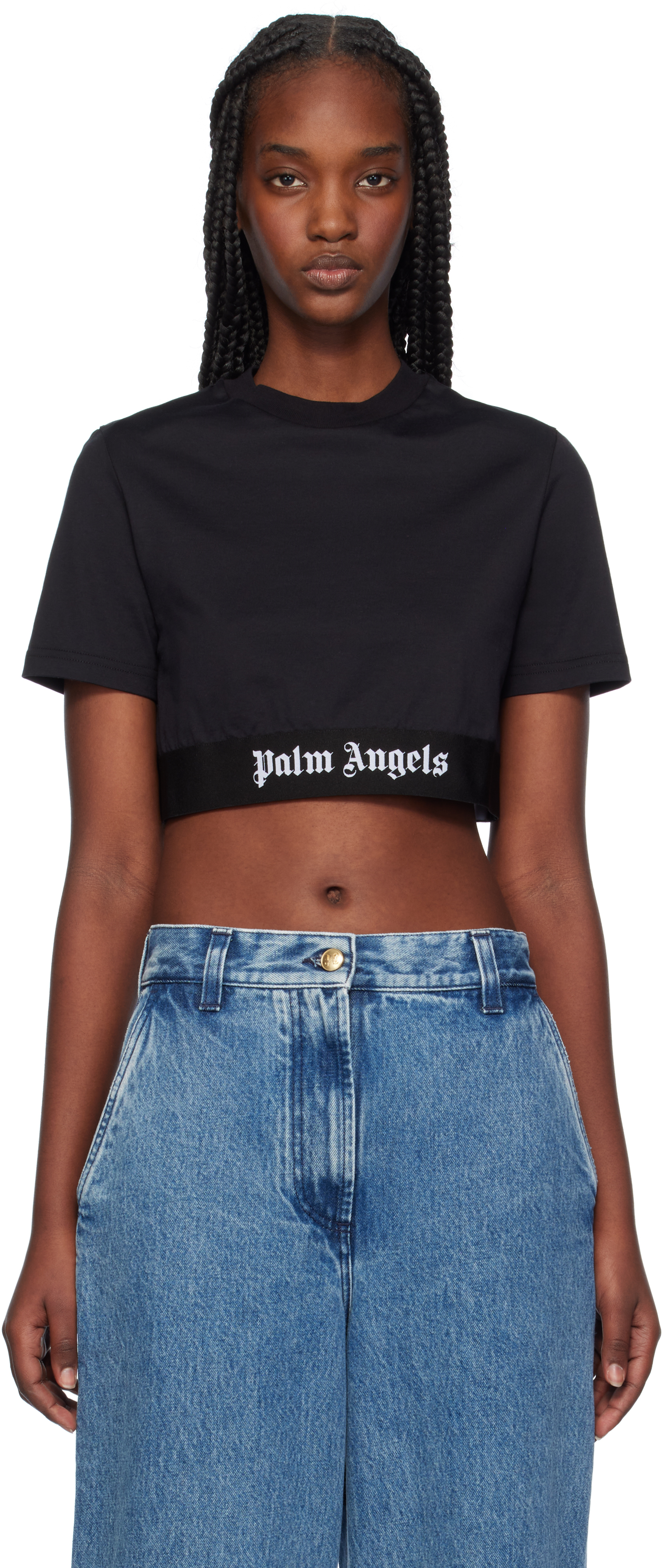 

Черная укороченная футболка с логотипом на ленте Palm Angels