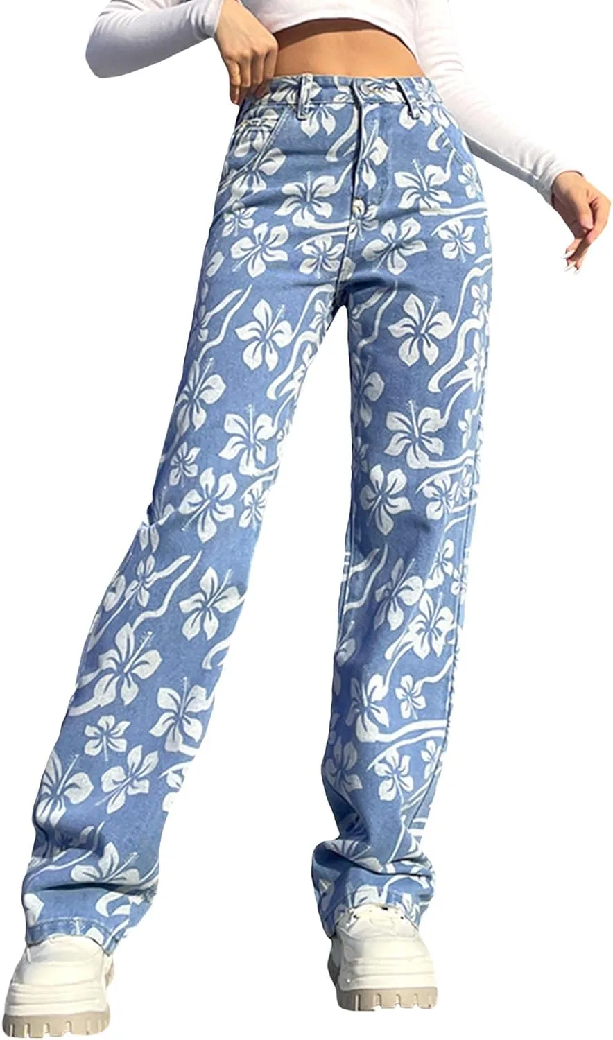 

SOMTHRON женские джинсы с высокой талией и прямыми широкими штанинами в цветочном принте