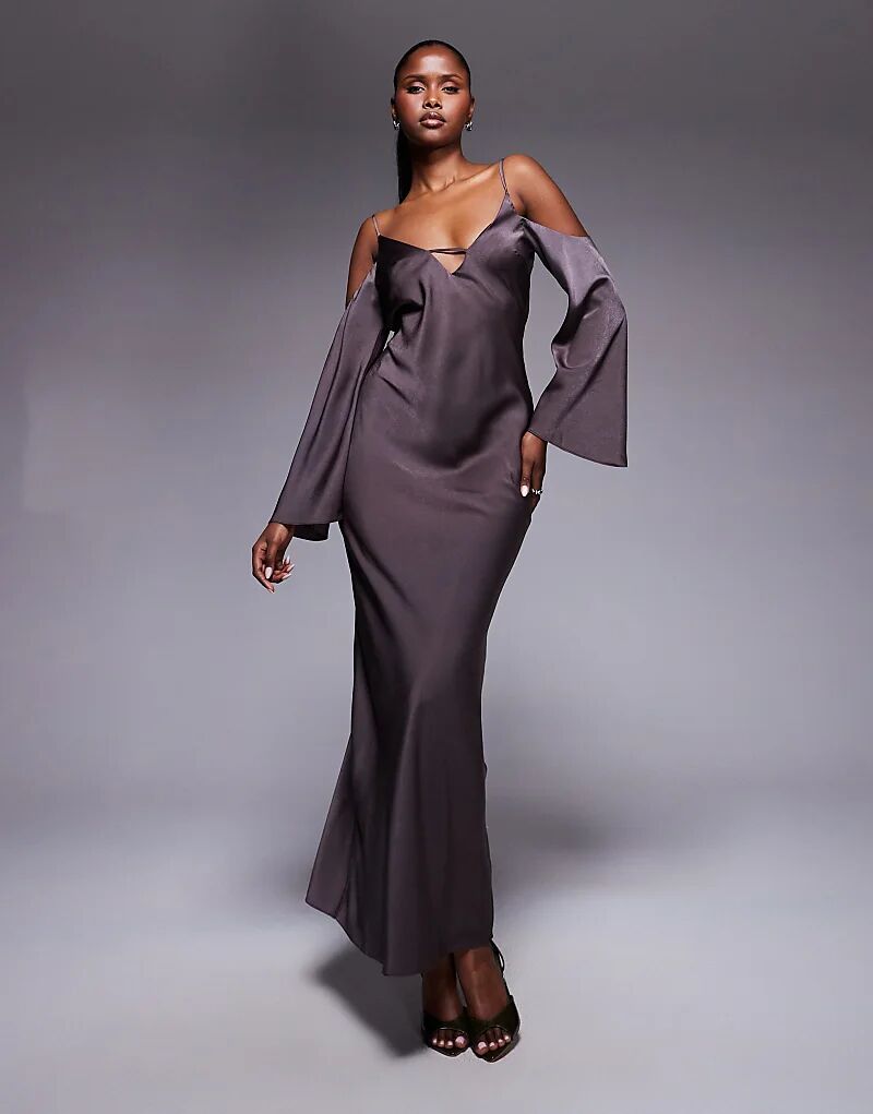 

Платье макси из атласа ASOS DESIGN с длинными рукавами и спущенными плечами цвета мокко
