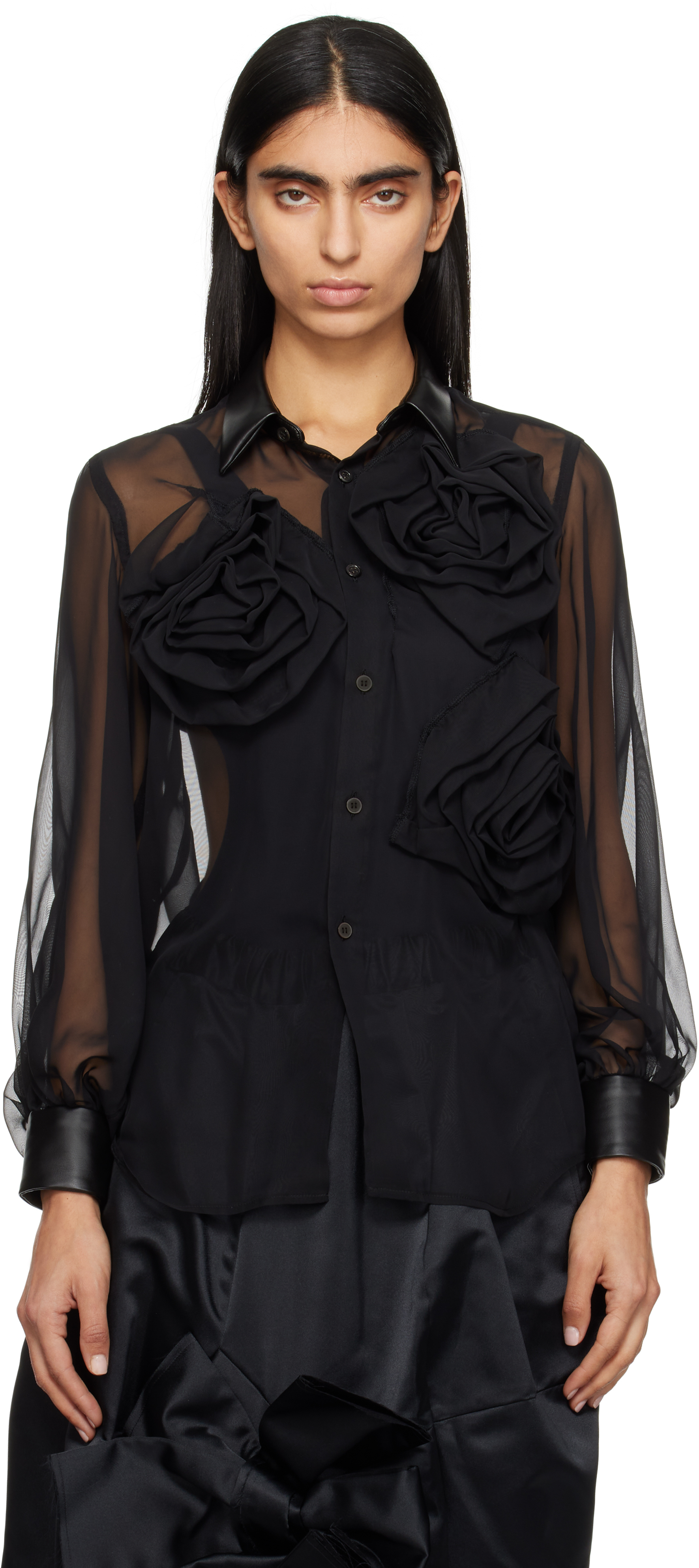 

Черная рубашка из жоржета и искусственной кожи Comme des Garcons