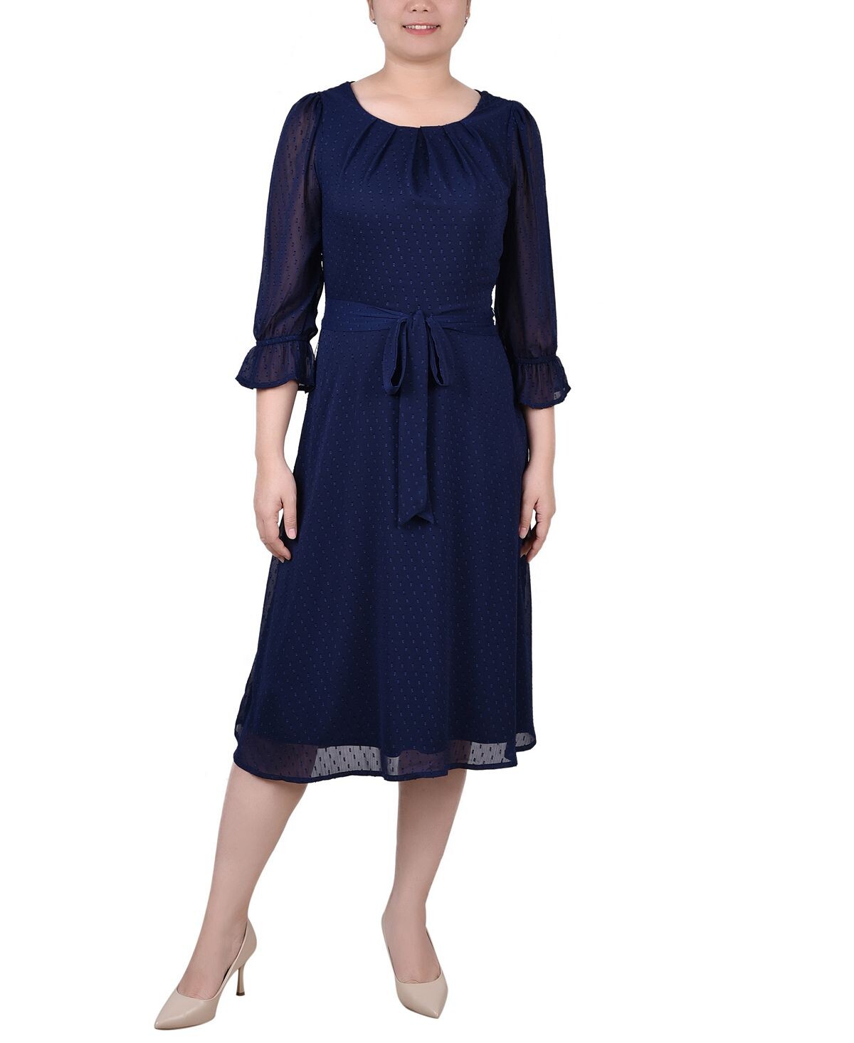 

Женское платье в горошек с рукавами 3/4 и поясом NY Collection, синий