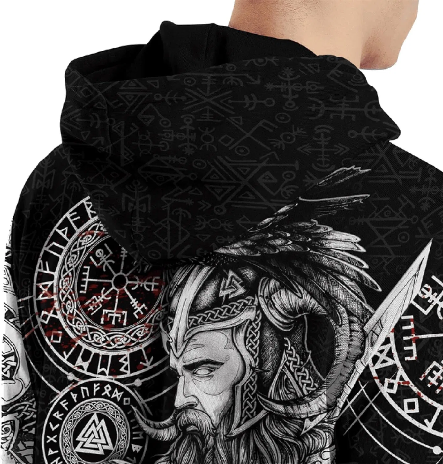 Мужская шерстяная куртка Viking Vegvisir Valknut, толстовка на молнии, парка средней длины, зимний плащ с капюшоном, повседневная куртка с роговой пряжкой, теплая мантия — фото 3