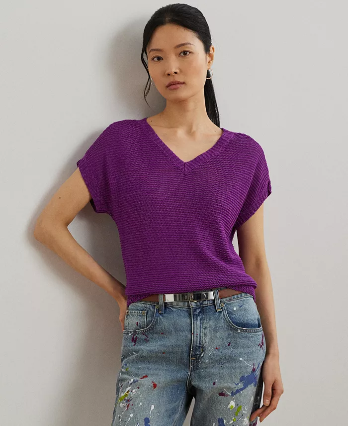 

Женский короткий свитер с V-образным вырезом из смесового льна Lauren Ralph Lauren, синий