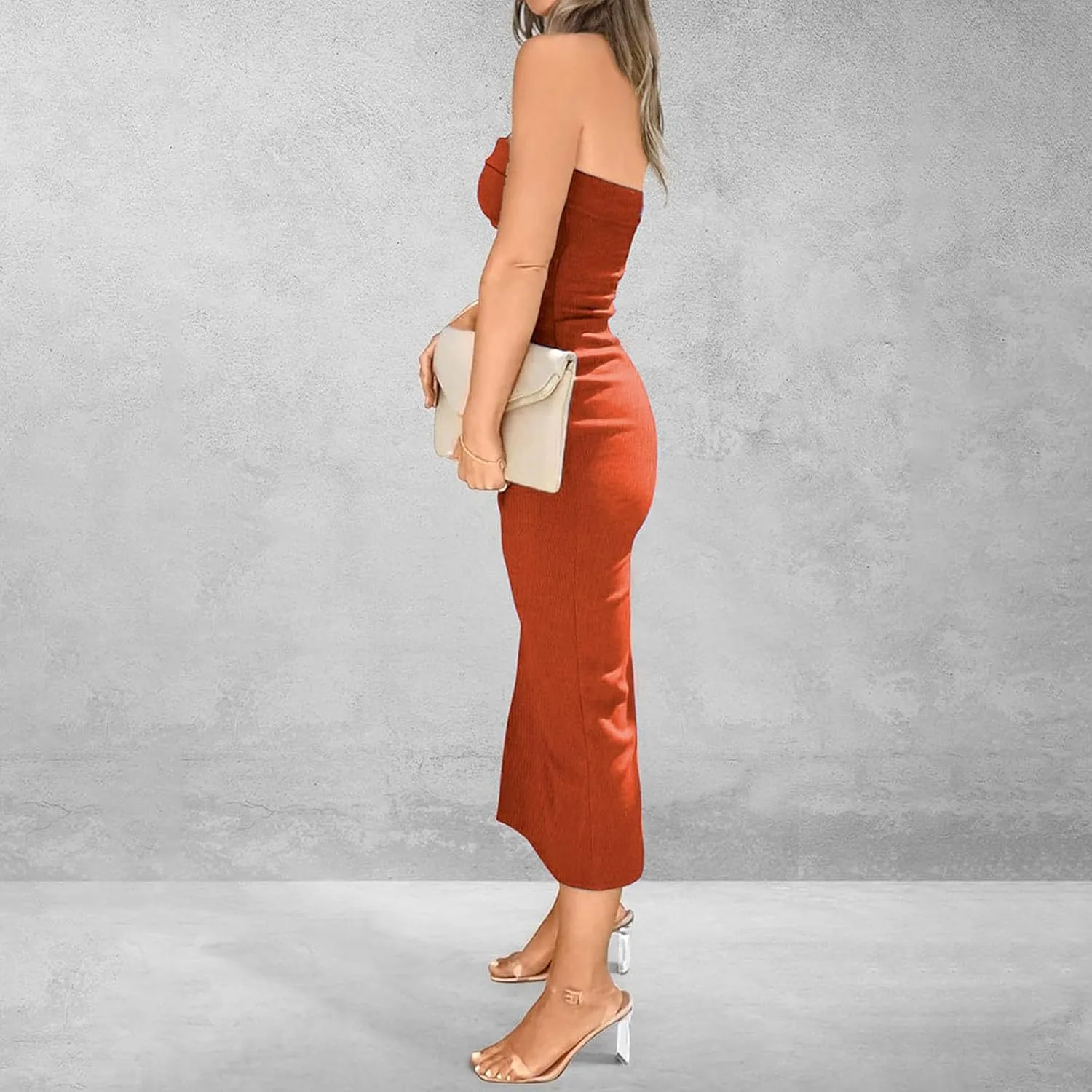 Женское длинное платье-футляр в рубчик, без бретелей, с боковым разрезом, облегающее, для летней свадьбы, вечеринки, коктейльной вечеринки или выхода в свет Generic, Caramel — фото 3