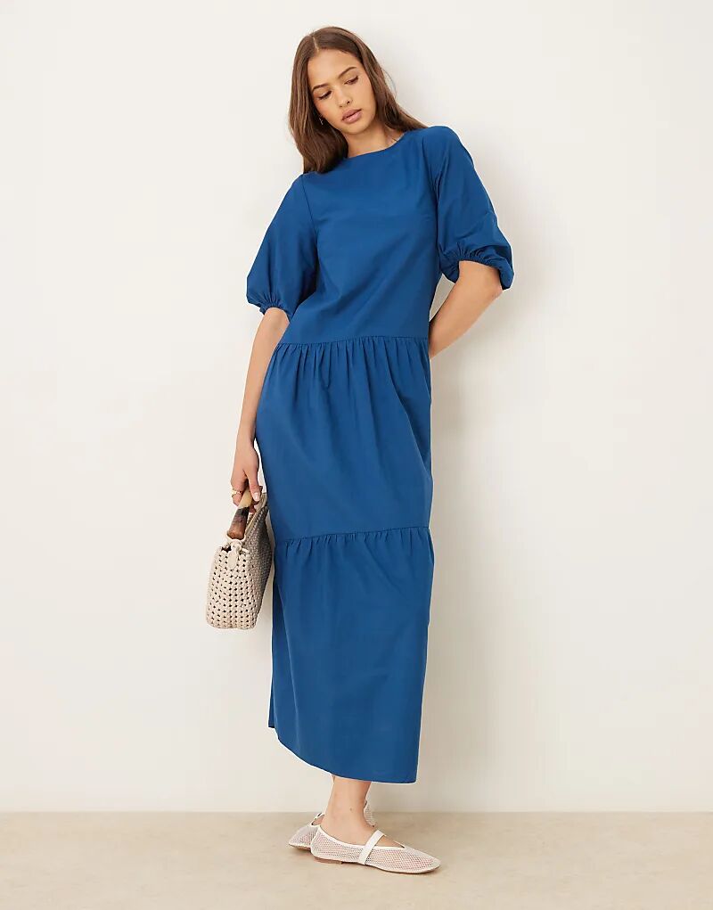 

Платье макси ASOS DESIGN с круглым вырезом, рукавами-буфами и ярусами, темно-синего цвета