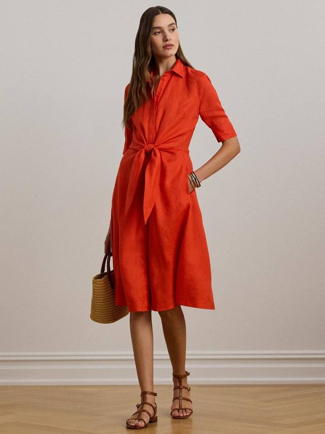 

Льняное платье-рубашка миди с завязками на талии wakana Ralph Lauren, оранжевый