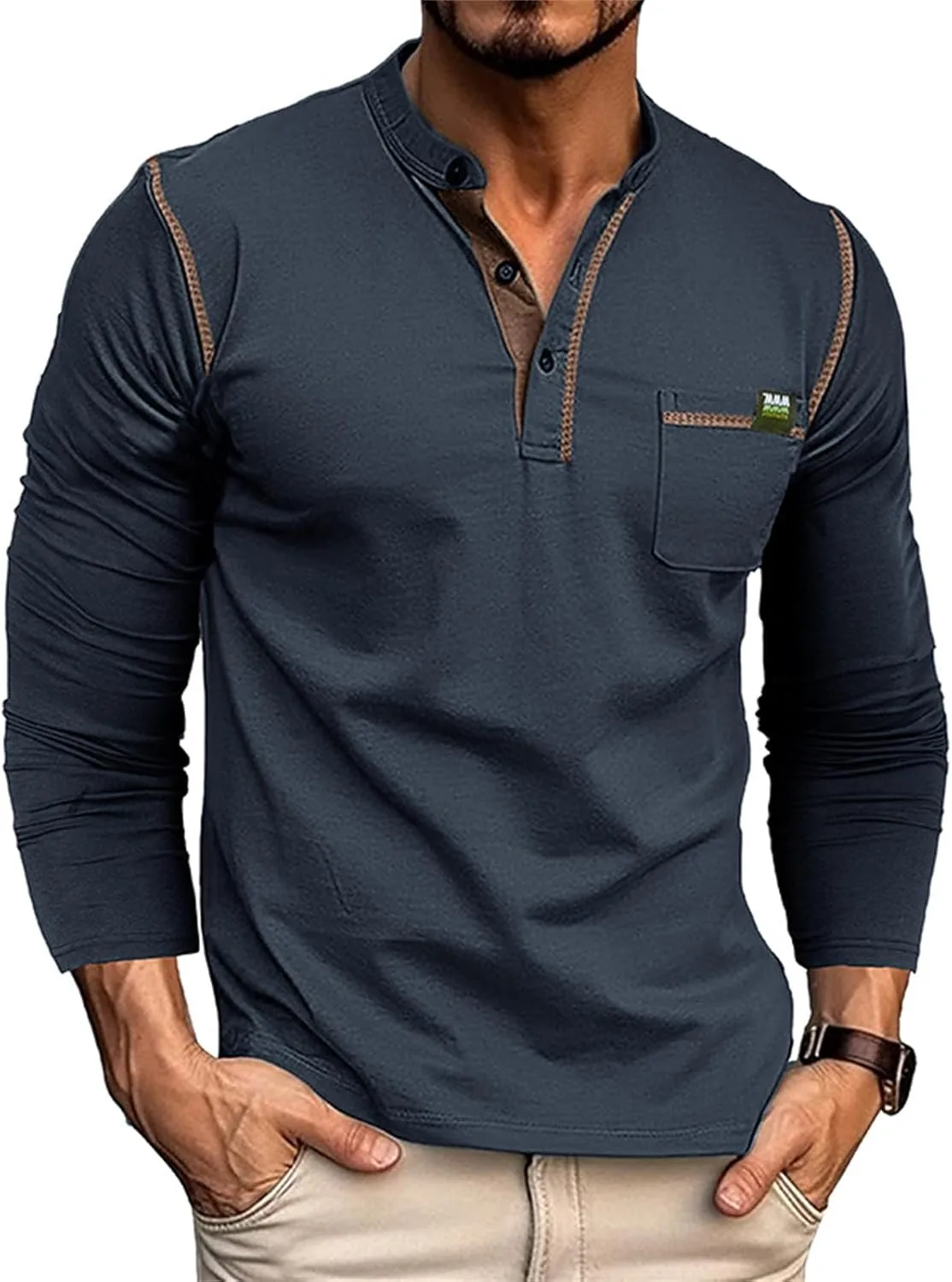 

Мужская футболка Henley с длинным рукавом, Slim Fit, Color Block evzosrz