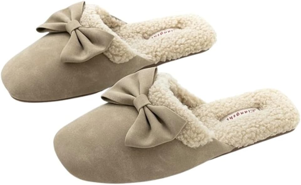 

Домашние тапочки с бантом и мехом для женщин и мужчин, закрытые носки, TPR, элегантные, для дома и улицы Yafirgeer, хаки
