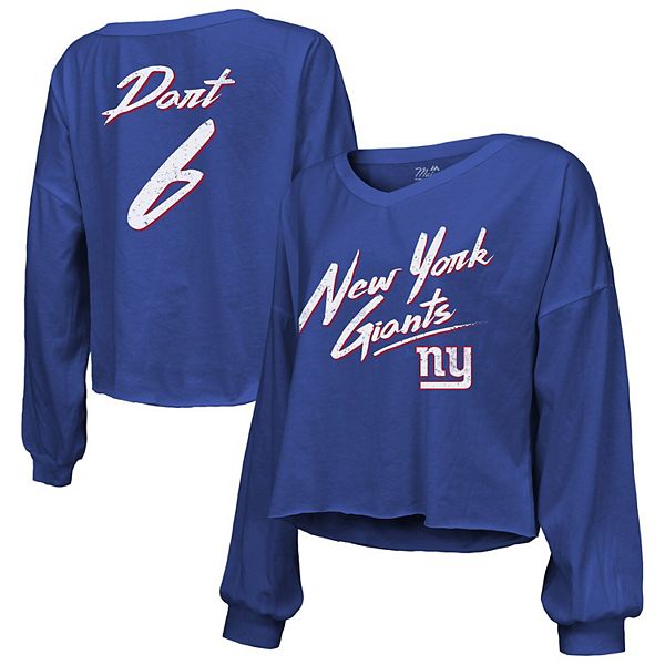 

Женская футболка с длинным рукавом Jaxson Dart Royal New York Giants с именем и номером Majestic Threads