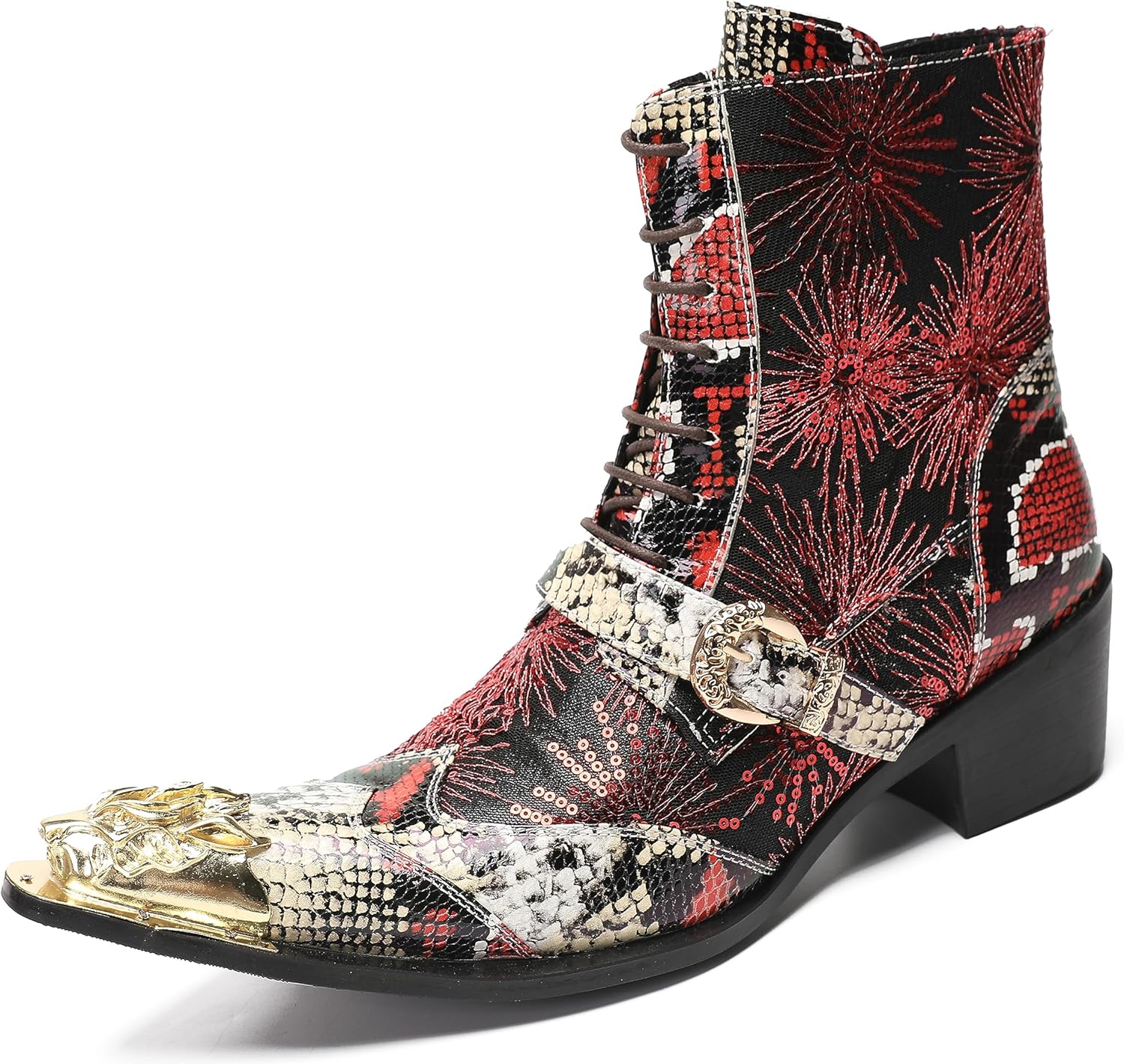 

Мужские повседневные ковбойские ботинки Santimon Mens Dress Casual Western - ботинки средней высоты из натуральной кожи с блестками и металлическим носком в форме крыльев для бальной или диско-вечеринки, красный