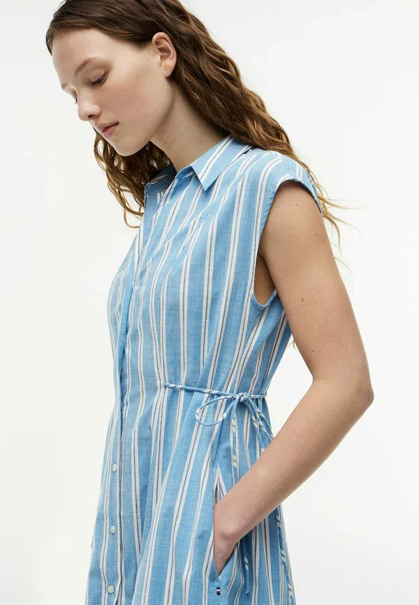 Платье-рубашка миди с галстуком и коротким рукавом Tommy Hilfiger, liquorice stripe breeze blue, голубой в полоску — фото 3