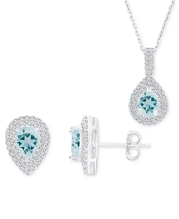 

Ожерелье с подвеской-галочкой в форме слезы из двух камней с аквамарином (2-1/4 карата) и выращенным в лаборатории белым сапфиром (1 карат) и подходящими серьгами-гвоздиками из стерлингового серебра Macy'S, aquamarine
