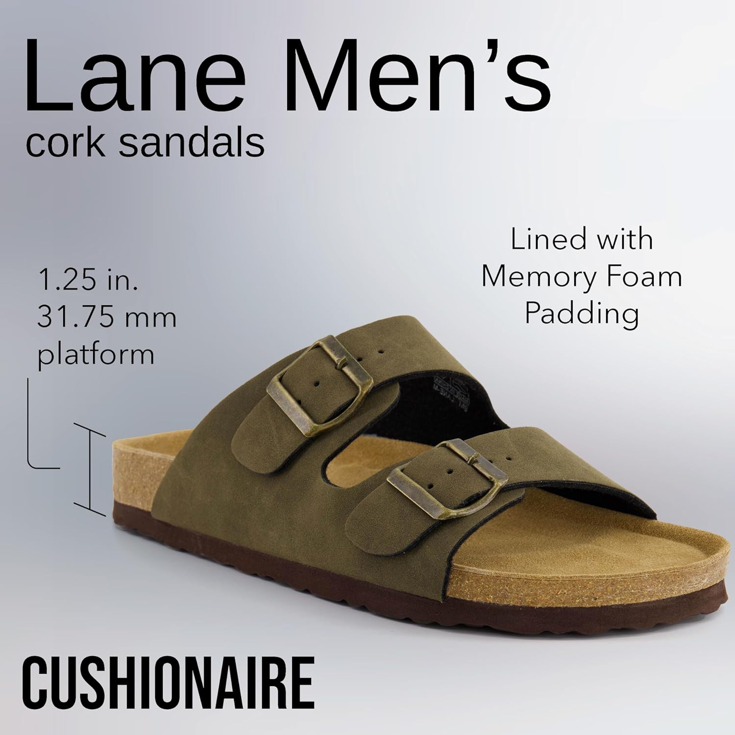 Мужские сандалии CUSHIONAIRE Lane с пробковой стелькой, регулируемые с пряжкой, комфортные шлепанцы, стелька из натуральной кожи, летняя обувь для мужчин, оливковый — фото 3
