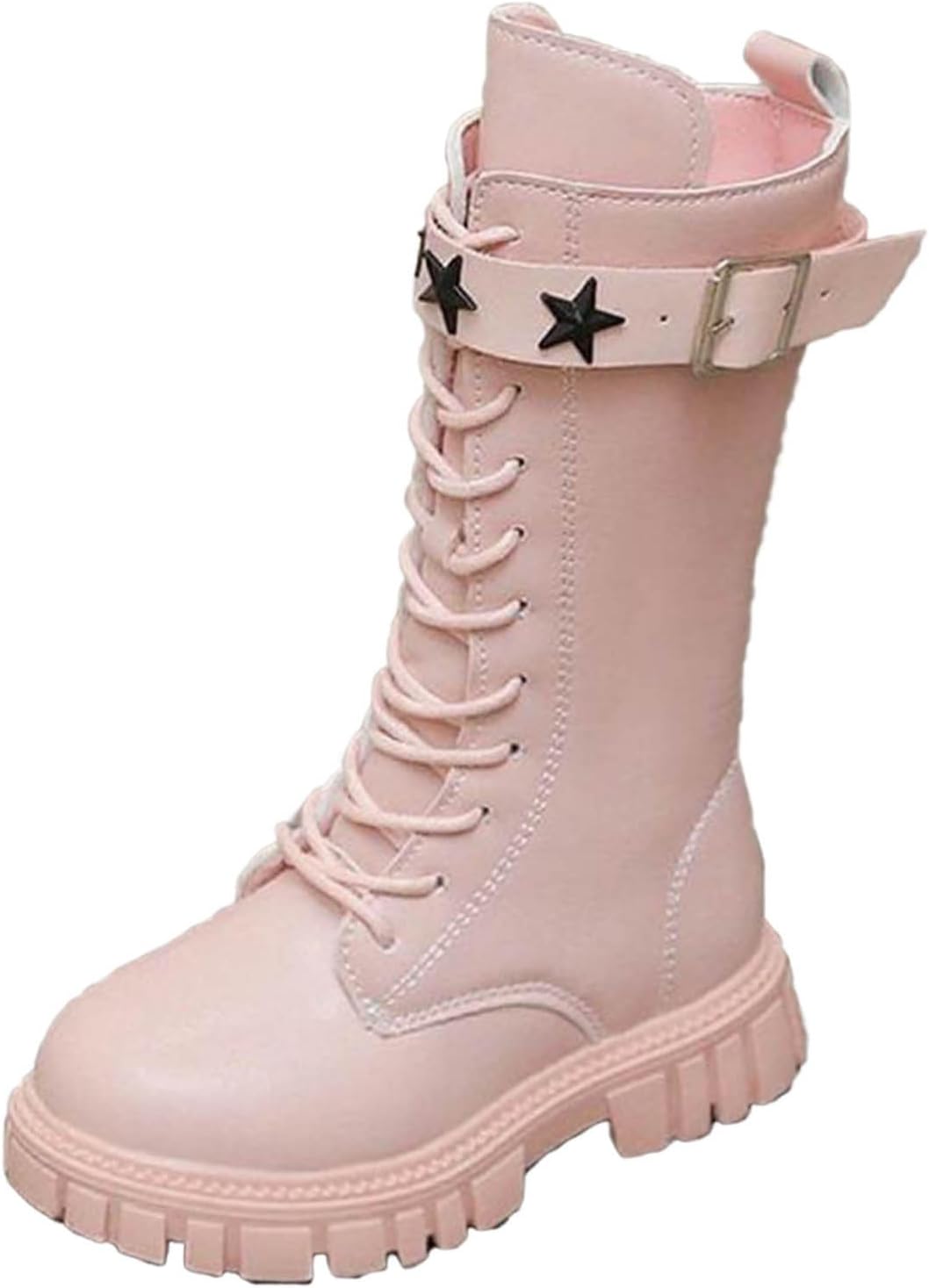 

Ботинки для девочек 4-10,5T, боевые, кожаные, на шнуровке с боковой молнией, средние, верх до икры, всаднические, противоскользящие, панк-готические, в стиле рыцаря Generic, Pink