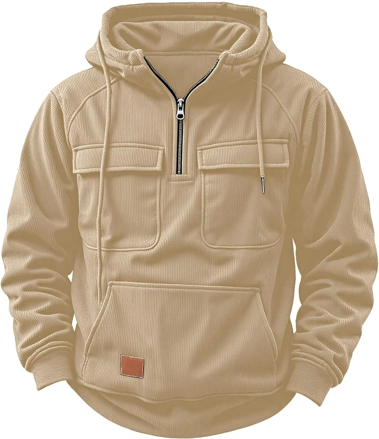 Мужская толстовка из вельвета с капюшоном, на молнии, с карманами, A-khaki