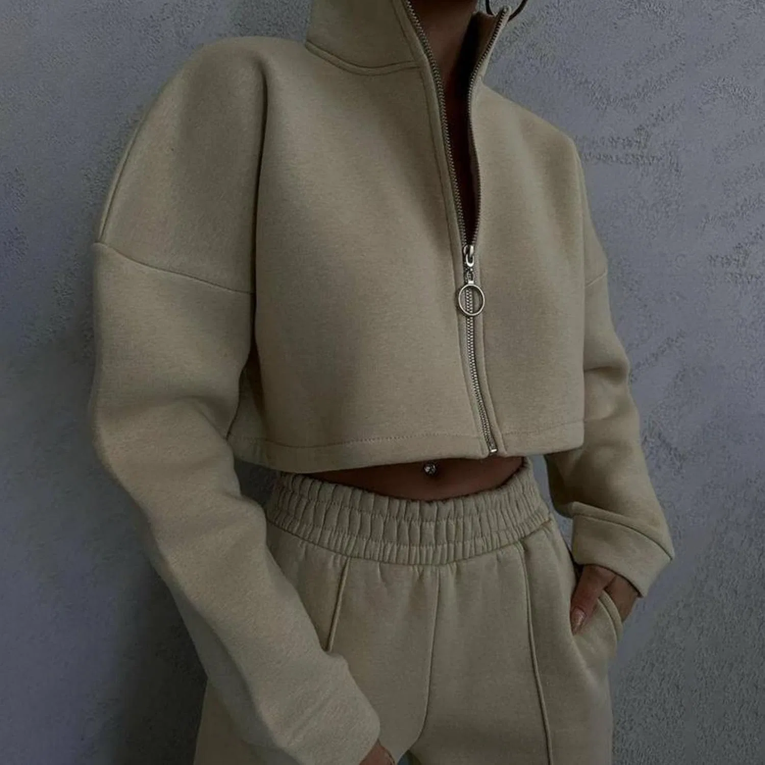Женский спортивный костюм с длинным рукавом, молнией, бренд Generic, A#01 Khaki — фото 2
