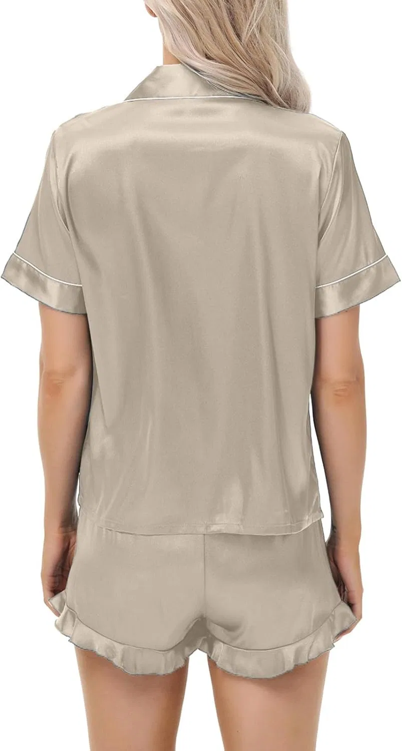 Комплект пижамы сатиновый, женский, бежевый — фото 3