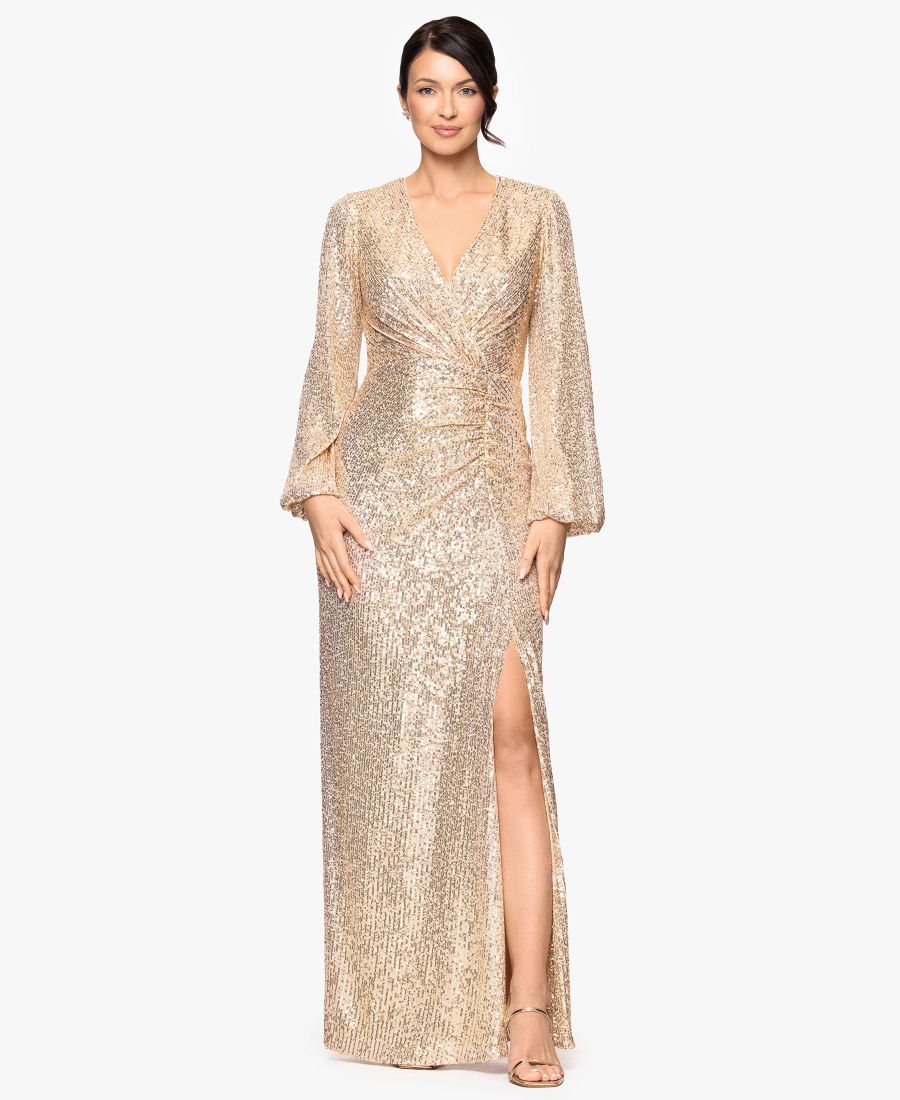 

Женское платье с V-образным вырезом и длинными рукавами-колоколами, украшенное пайетками Betsy & Adam, Gold