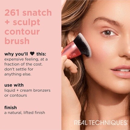 Real Techniques Кисть для контуринга Snatch + Sculpt Contour для жидких и кремовых средств для контуринга и бронзатора с плоской и овальной головкой для растушевки и полировки. Густая синтетическая щетина. Веганский продукт, не тестируется на жи... — фото 3