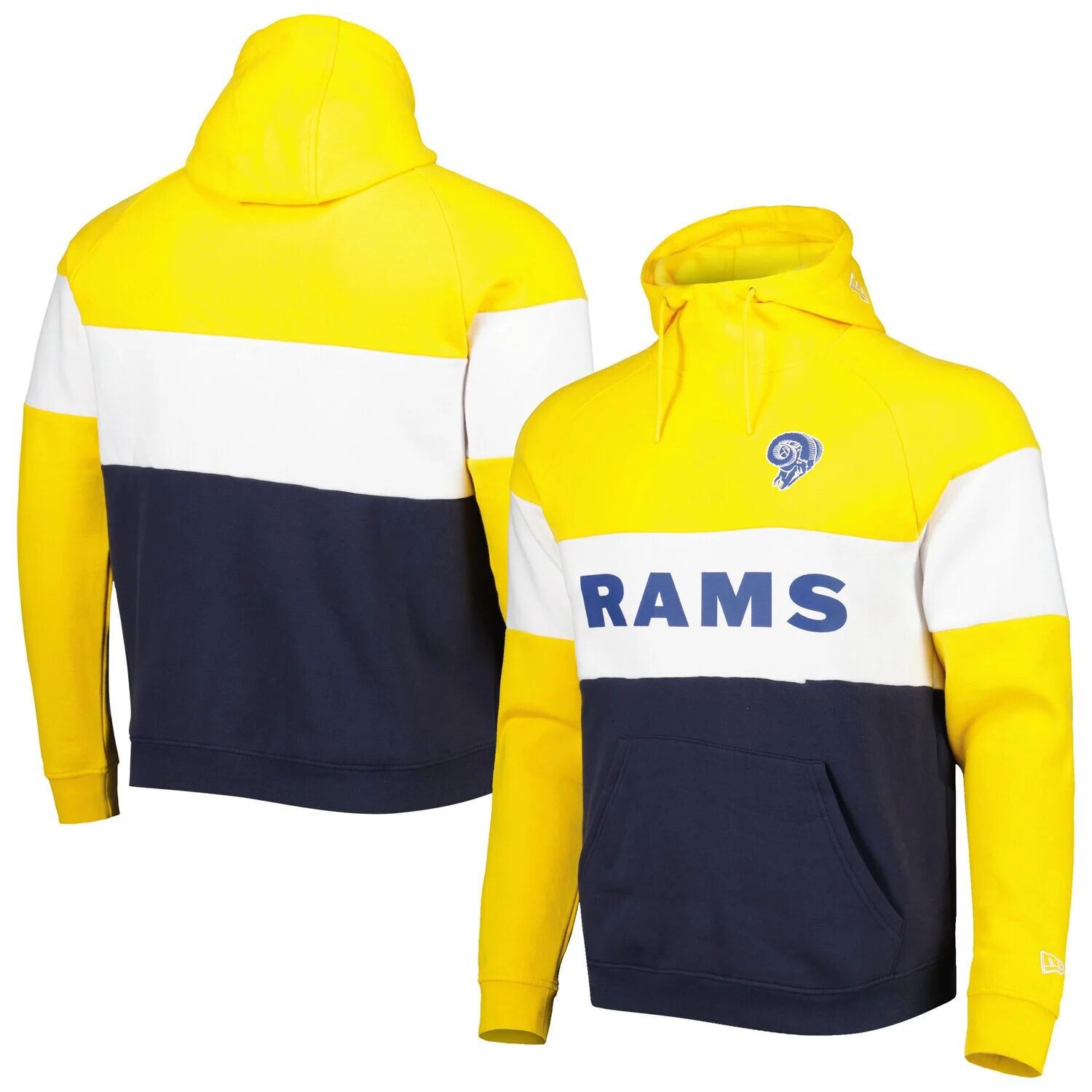 

Мужской темно-синий/золотой пуловер с капюшоном Los Angeles Rams Colorblock Throwback New Era