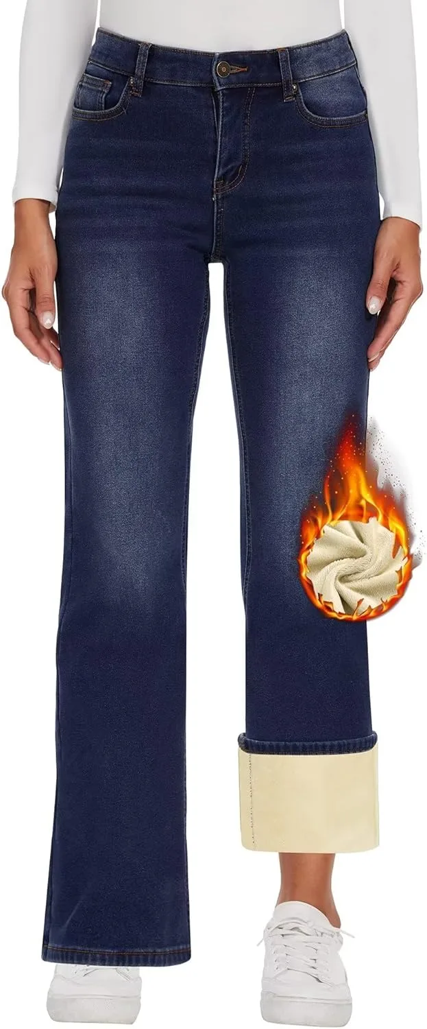 

KDF утепленные джинсы женские с высокой талией и широкими штанинами