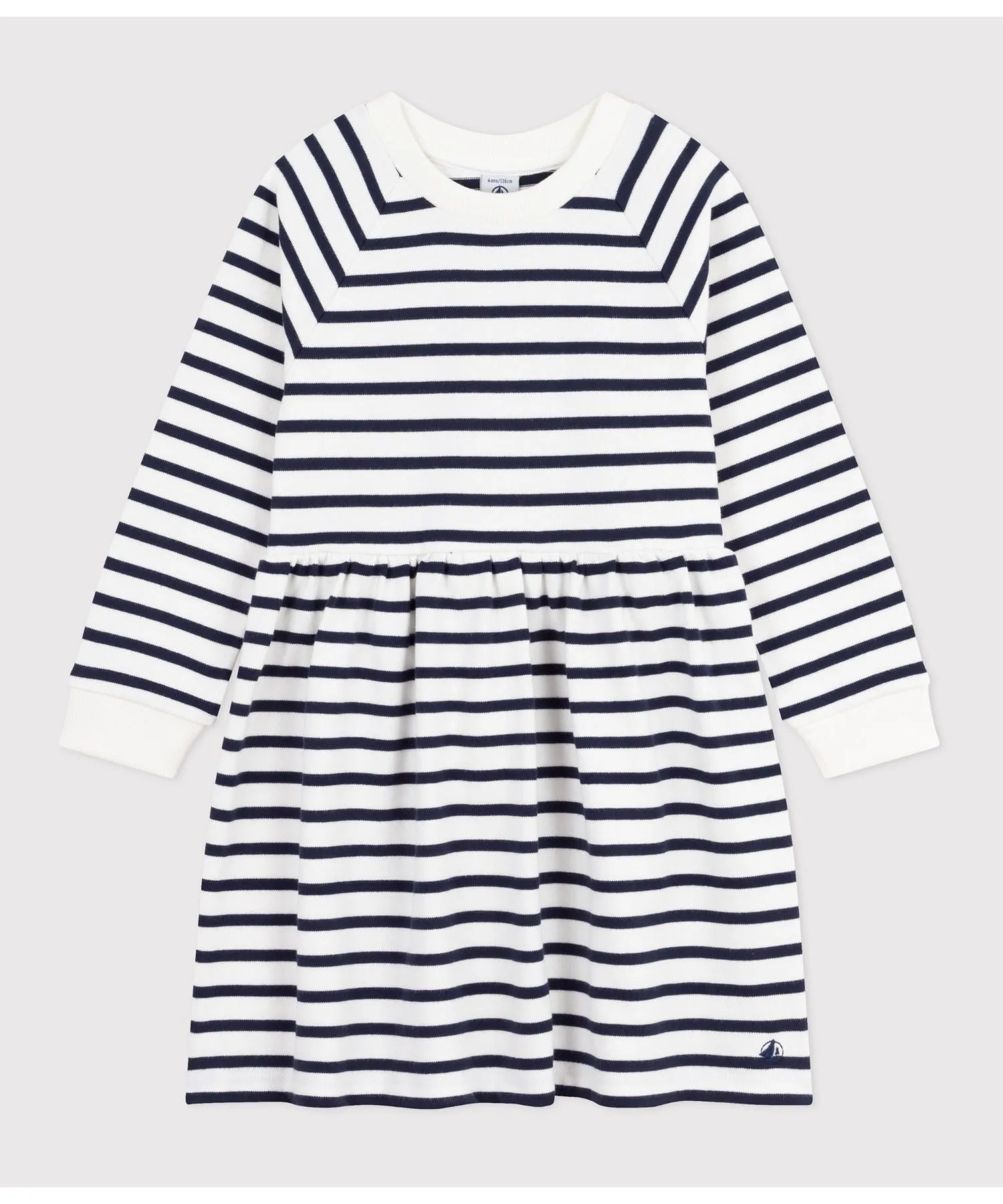 Детское платье с длинным рукавом в полоску из хлопка PETIT BATEAU бело-синее — фото 4