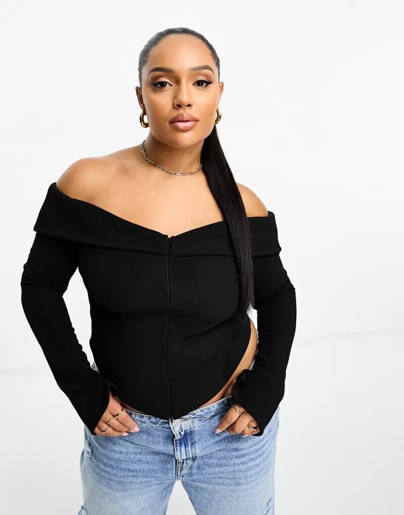 

Черный топ с открытыми плечами и двусторонней молнией ASOS DESIGN Curve