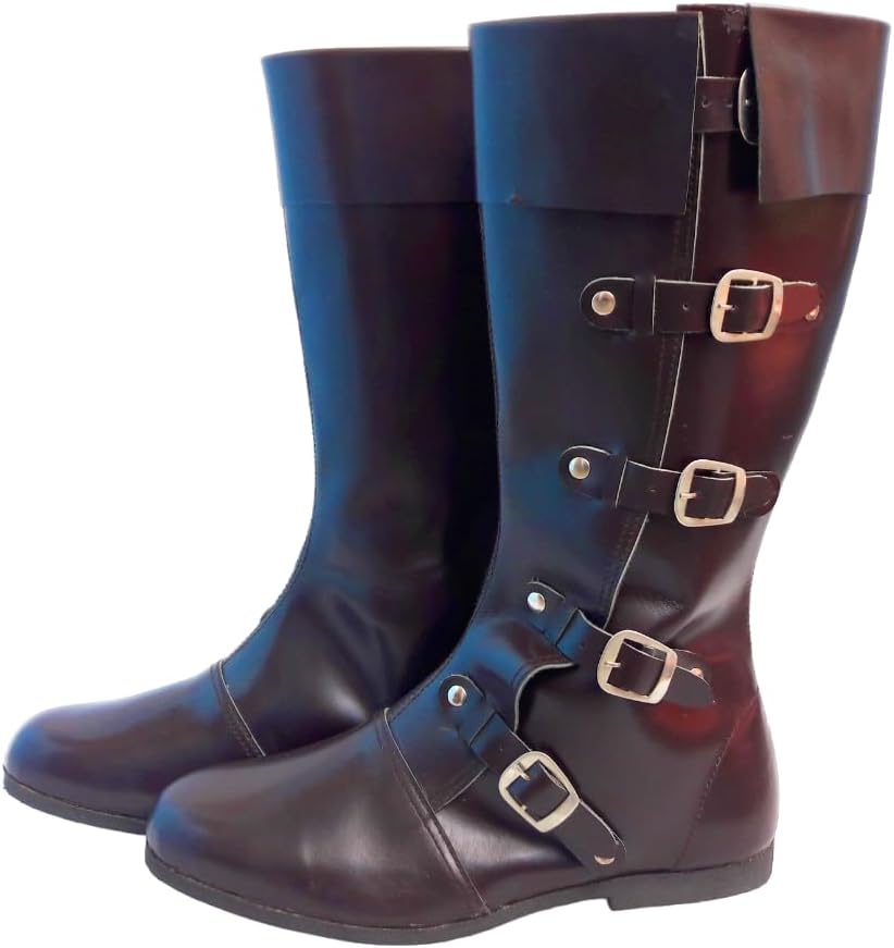 

Средневековые кожаные сапоги для верховой езды Ренессансный фестиваль 5-пряжечные ботинки Кинореквизит Пиратские сапоги Викингов Мужские черные/коричневые длинные ботинки Nistan